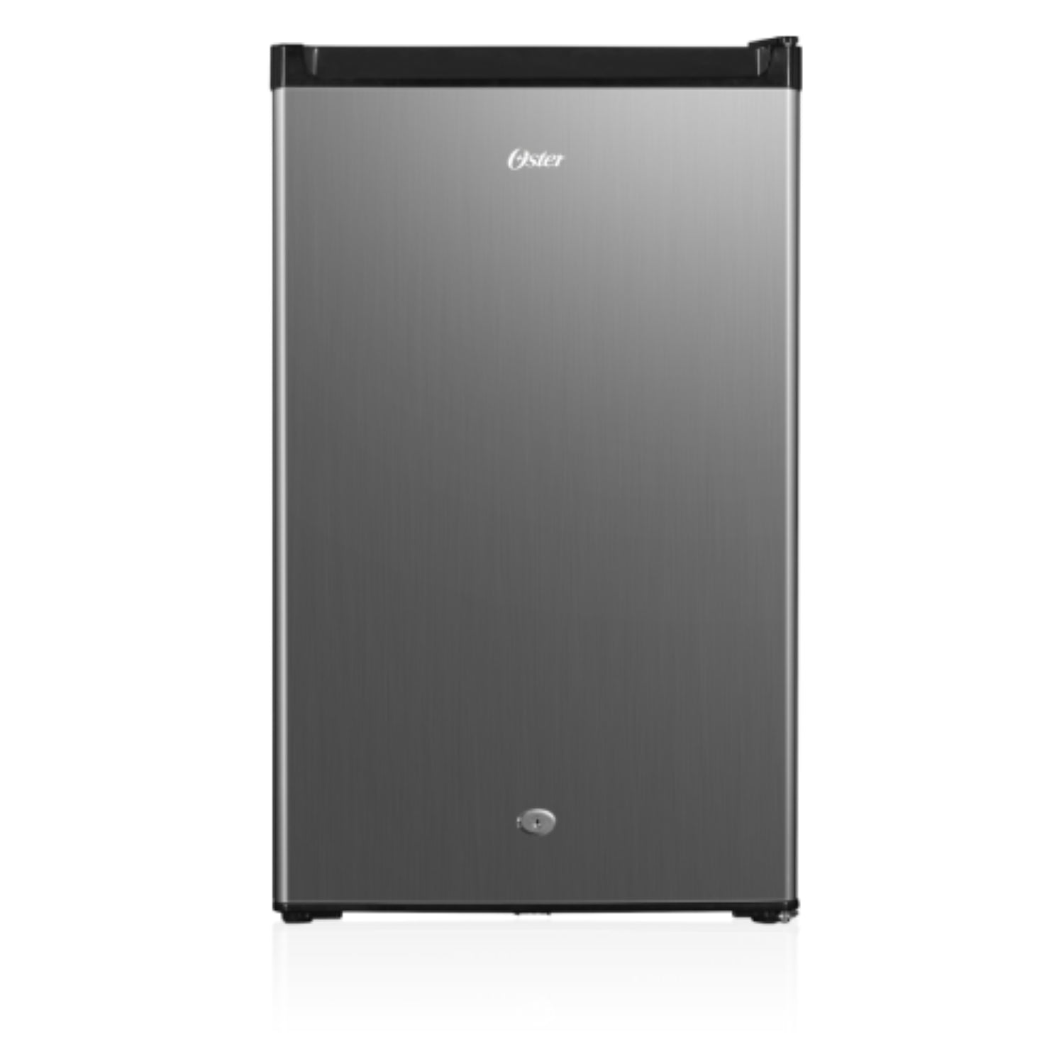 nevera mini OSTER de acero inoxidable, vista frontal, ideal para espacios pequeños